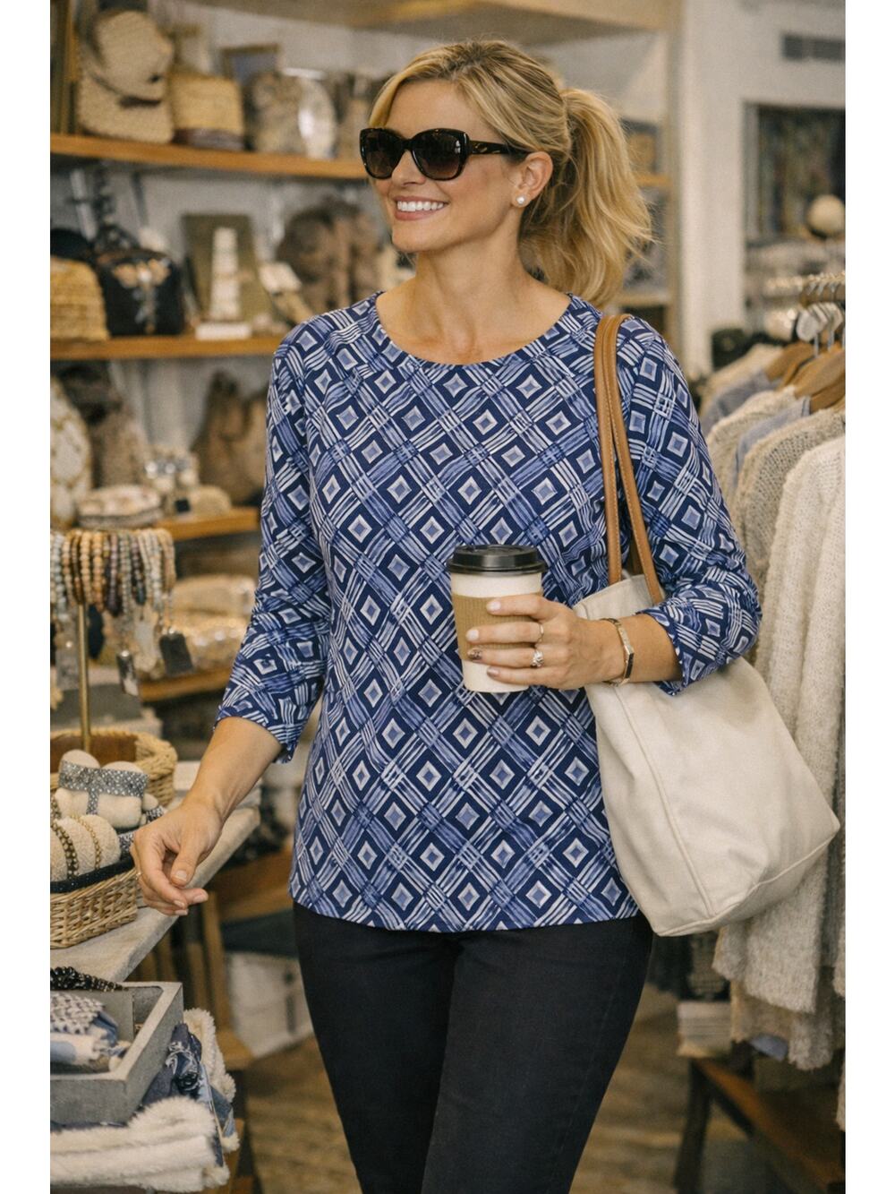 J McLaughlin Blue Geometric Stretch Tunic Top Boho Small